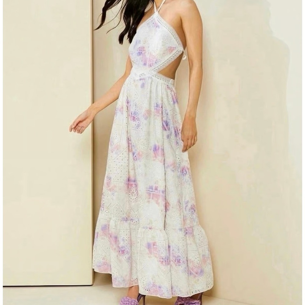 Gianni Bini Dress 8 Delaney Eyelet Halter Neck Tie Dye Cut Out Maxi Cottagecore